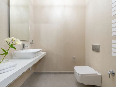 A bright bathroom with a wall-hung toilet and a basin